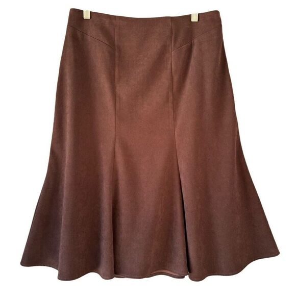 Kim Rogers Brown Trumpet Vertical Pleated A-Line Midi Skirt Zip Waist Size 10P - Picture 2 of 10